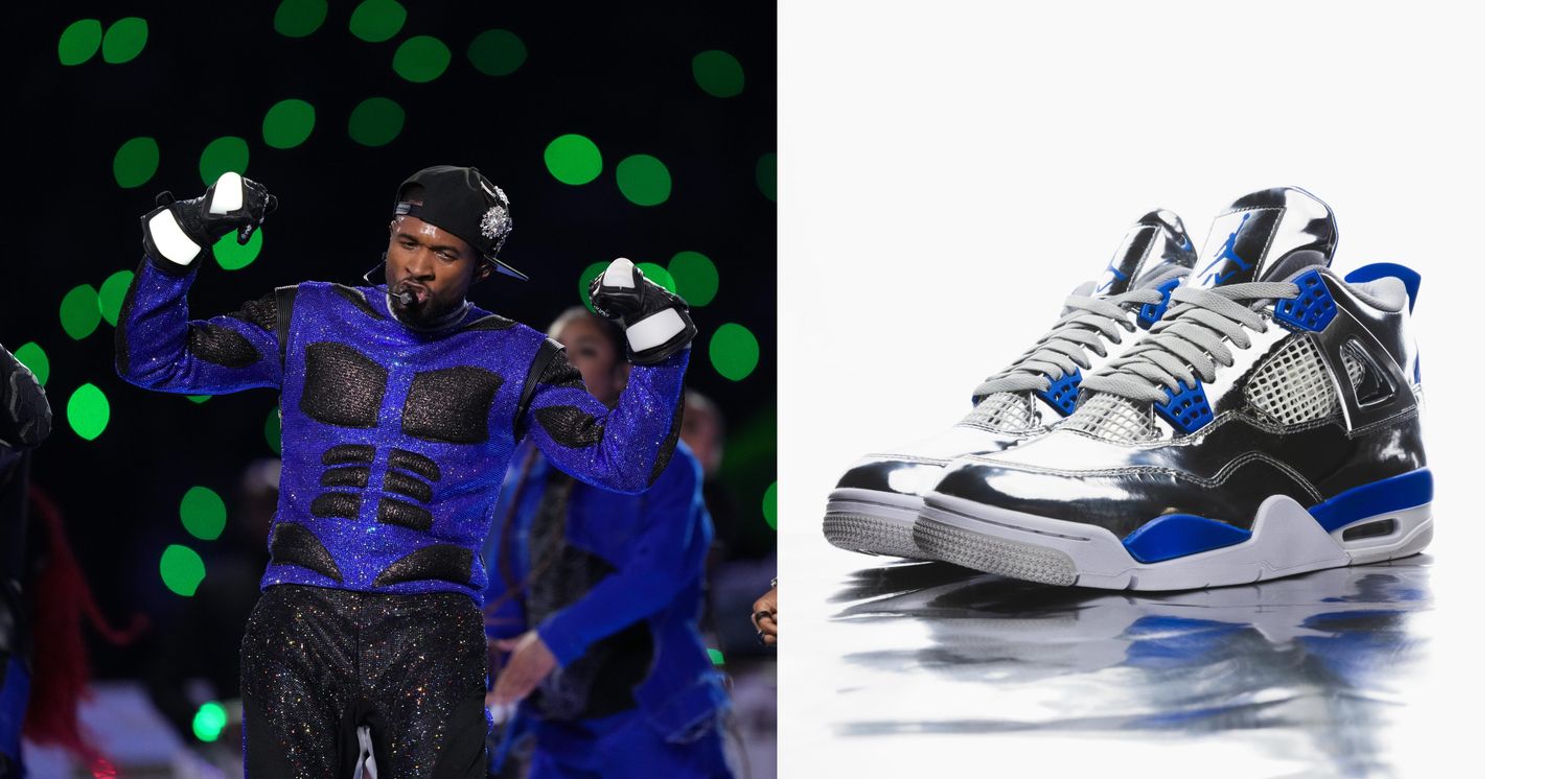 A detailed look at the silver Air Jordan sneakers worn by Usher in the Super Bowl LVIII halftime show.