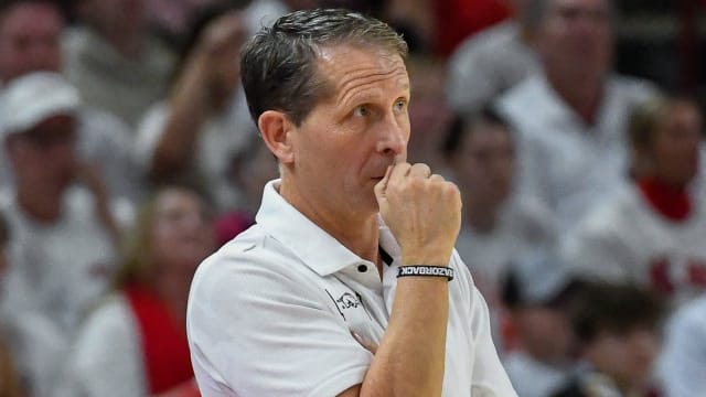 Arkansas Razorbacks coach Eric Musselman looks on with concern against the Auburn Tigers.