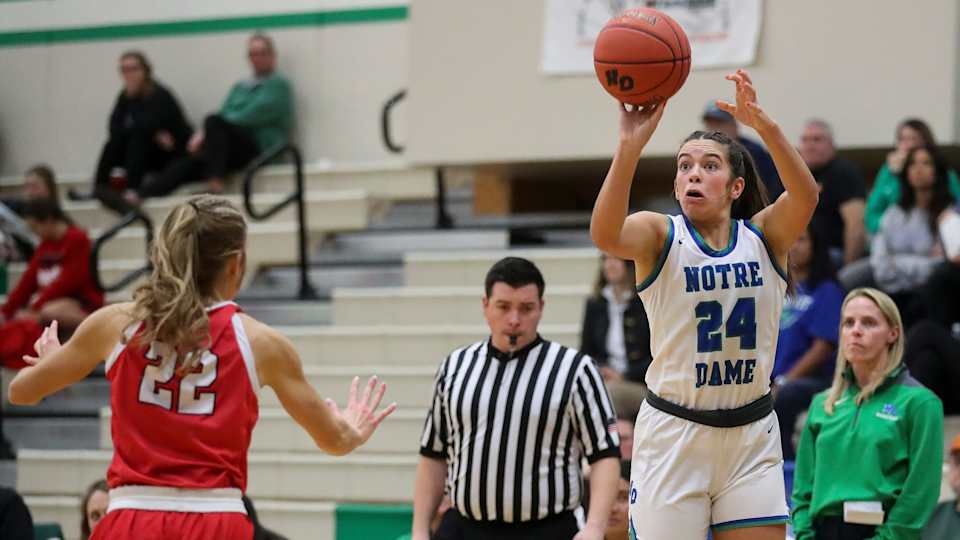 Notre Dame Academy's Gracie Grzesk (24) shoots a 3-pointer against Pulaski High School on Thursday, December 7, 2023, at Notre Dame in Green Bay, Wis. Notre Dame won the game, 57-17.