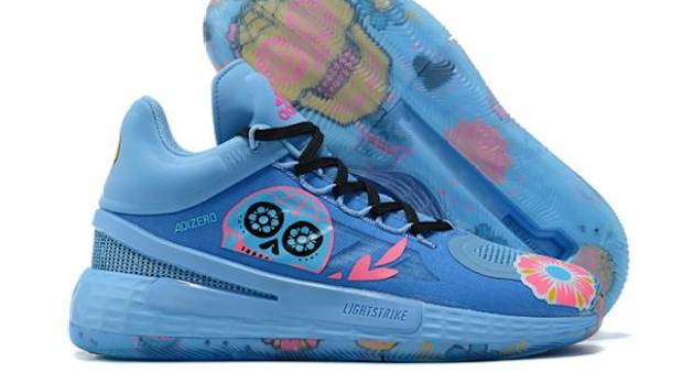 View of Derrick Rose's blue and black shoes.