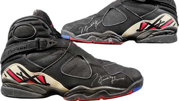Side view of Michael Jordan's signed shoes.