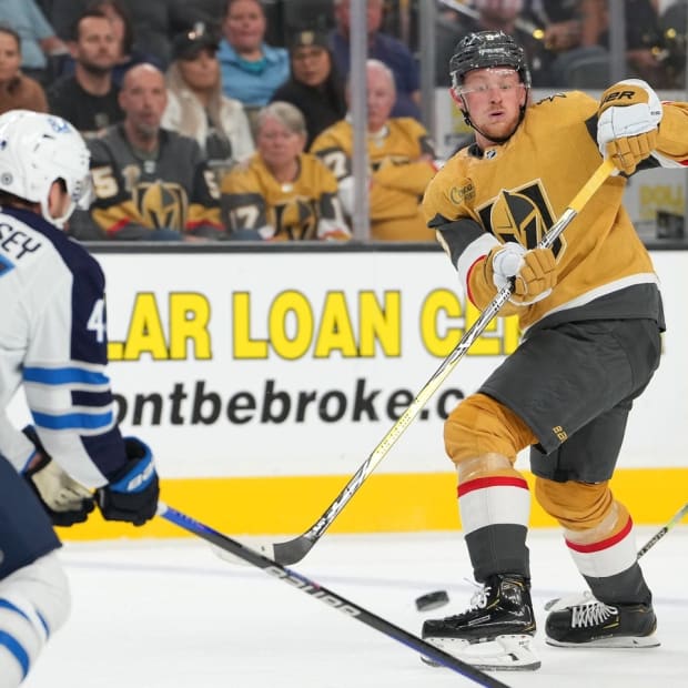 Oct 20, 2022; Las Vegas, Nevada, USA; Vegas Golden Knights center Jack Eichel (9) makes a pass against the Winnipeg Jets during the second period at T-Mobile Arena. Mandatory Credit: Stephen R. Sylvanie-USA TODAY Sports