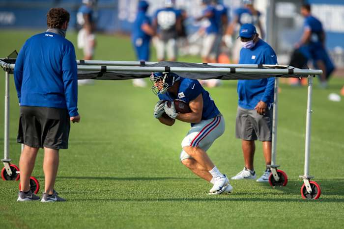 New York Giants running back Sandro Platzgummer runs drills during training camp at Quest Diagnostics Training Center on Tuesday, August 25, 2020.