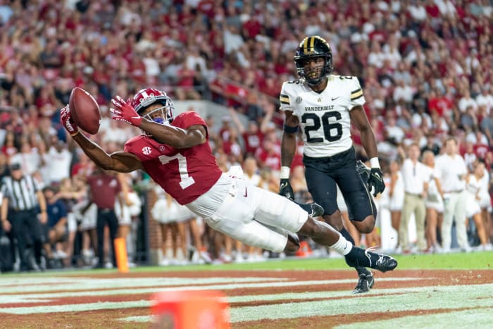 Alabama Crimson Tide wide receiver Ja'Corey Brooks (7) mishandles the pass against the Vanderbilt Commodores during the second half at Bryant-Denny Stadium.