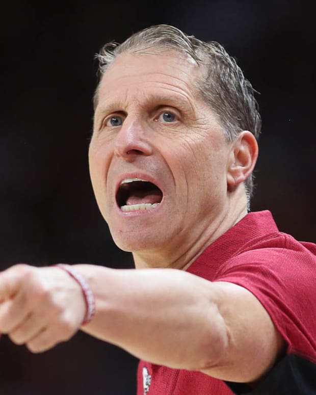 Arkansas Razorbacks coach Eric Musselman against the Florida Gators on Saturday at Bud Walton Arena in Fayetteville, Ark.