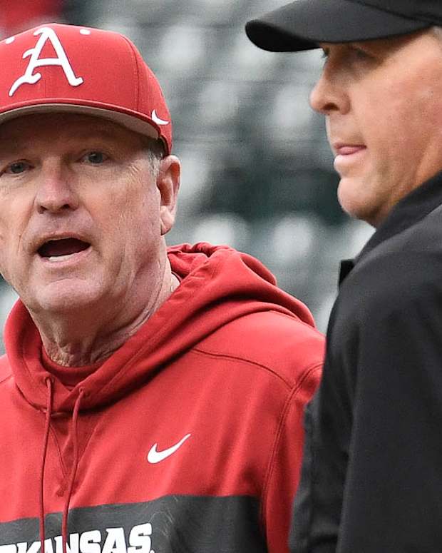 Arkansas Razorbacks coach Dave Van Horn at pregame meeting at home plate before a game with Illinois State on Wednesday.