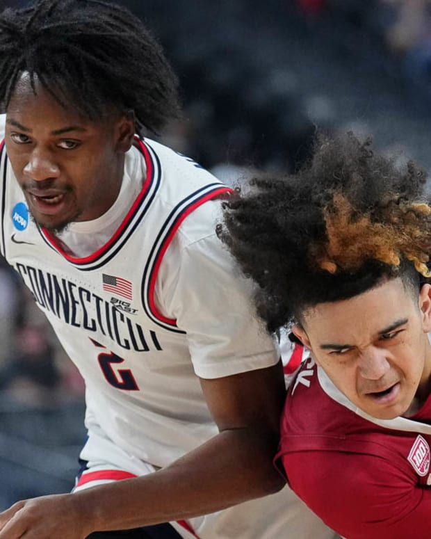 Razorbacks' Anthony Black drives with the ball against UConn in the Sweet 16 on Thursday night.