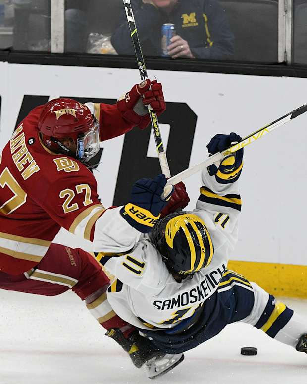 Denver Pioneers, Michigan Wolverines, Mackie Samoskevich, 2022 Frozen Four
