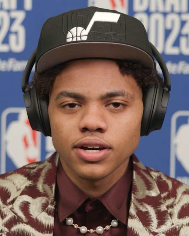 Utah Jazz draft pick Keyonte George post-draft.