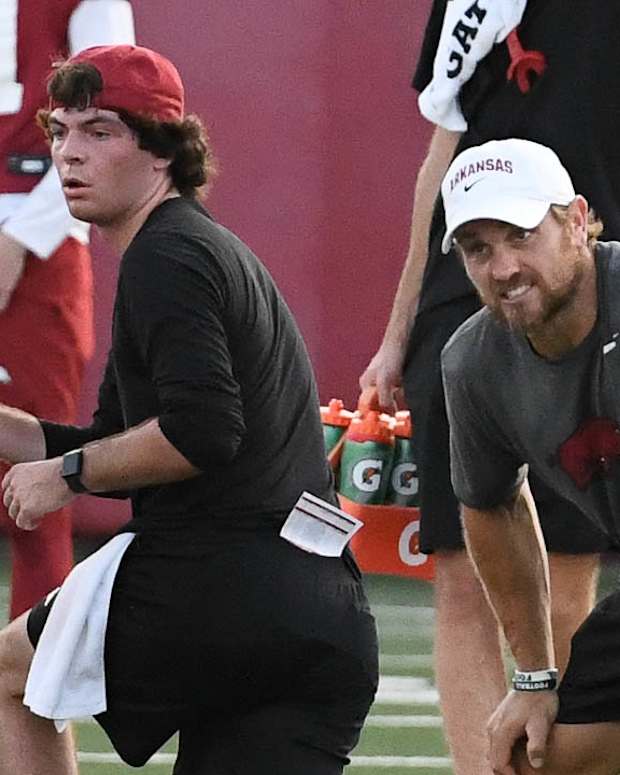 New strength coach Ben Sowders at Razorbacks' practice Friday morning