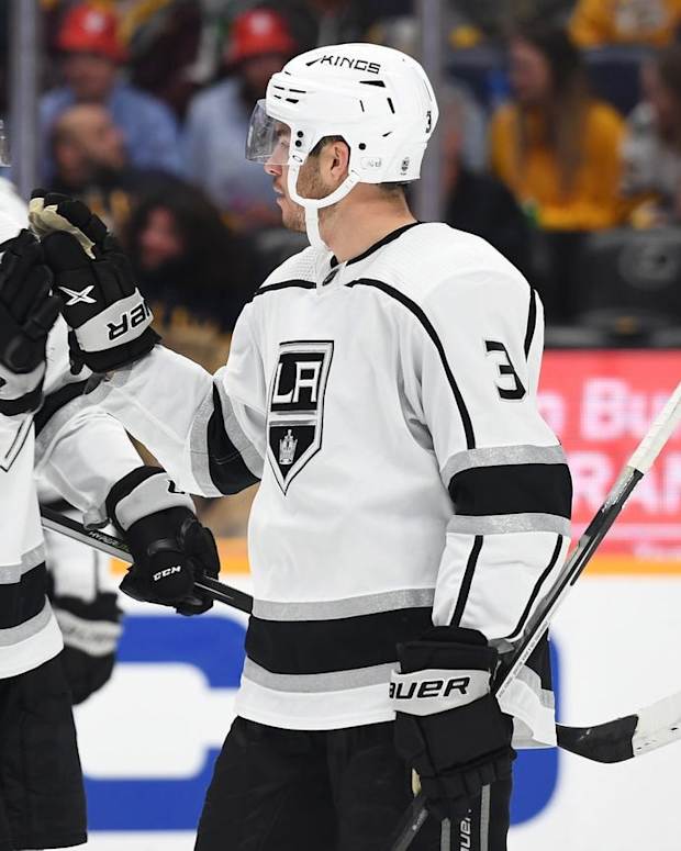 Oct 18, 2022; Nashville, Tennessee, USA; Los Angeles Kings defenseman Matt Roy (3) celebrates with center Gabriel Vilardi (13) after a goal during the third period against the Nashville Predators at Bridgestone Arena. Mandatory Credit: Christopher Hanewinckel-USA TODAY Sports