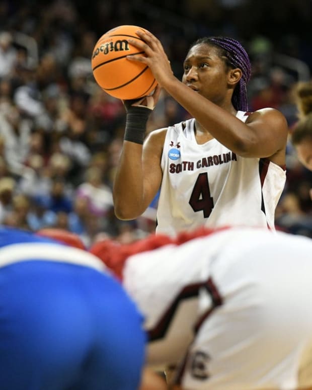 Mar 27, 2022; Greensboro, NC, USA; South Carolina Gamecocks forward Aliyah Boston (4) shoots a free-throw against the Creighton Bluejays in the third quarter in the Greensboro regional finals of the women's college basketball NCAA Tournament at Greensboro Coliseum. Mandatory Credit: William Howard-USA TODAY Sports