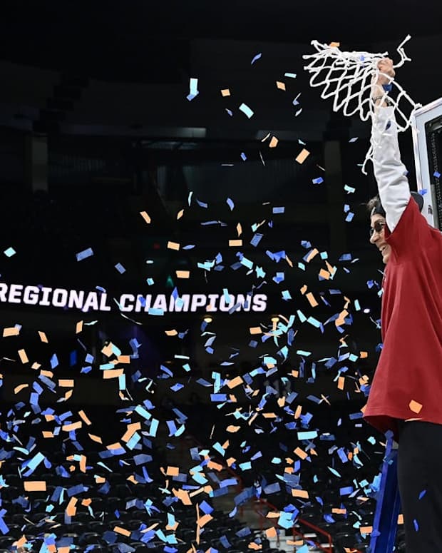 Mar 27, 2022; Spokane, WA, USA; Stanford Cardinal head coach Tara VanDerveer celebrates after a game against the Texas Longhorns in the Spokane regional finals of the women's college basketball NCAA Tournament at Spokane Veterans Memorial Arena. Mandatory Credit: James Snook-USA TODAY Sports