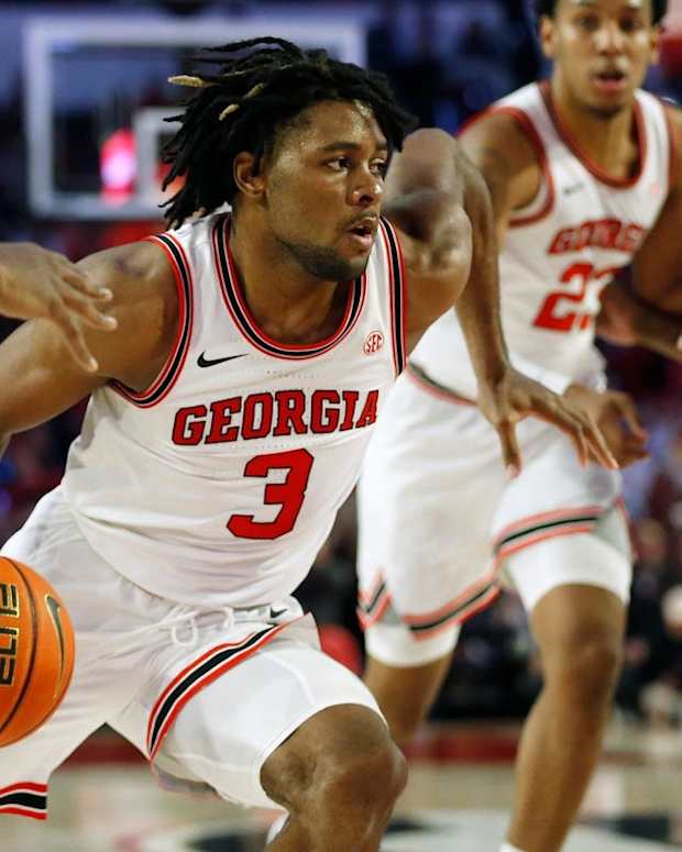 Feb. 5, 2022; Athens, Georgia, USA; Georgia Bulldogs guard Kario Oquendo (3) drives against the Auburn Tigers at Stegeman Coliseum. Joshua L. Jones/Athens Banner-Herald via USA TODAY NETWORK

Ncaa Basketball Auburn At Georgia