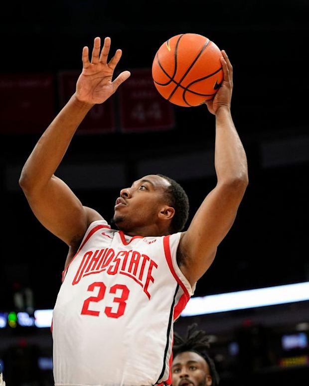 Nov 10, 2022; Columbus, OH, USA; Ohio State Buckeyes guard Zed Key (23) shoots over Charleston Southern Buccaneers forward Taje' Kelly (14) during the first half of the NCAA men's basketball game at Value City Arena. Mandatory Credit: Adam Cairns-The Columbus Dispatch

Charleston Southern At Ohio State Men S Basketball