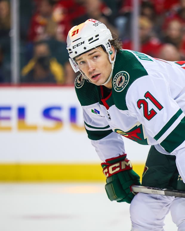 Dec 5, 2023; Calgary, Alberta, CAN; Minnesota Wild right wing Brandon Duhaime (21) against the Calgary Flames during the first period at Scotiabank Saddledome.