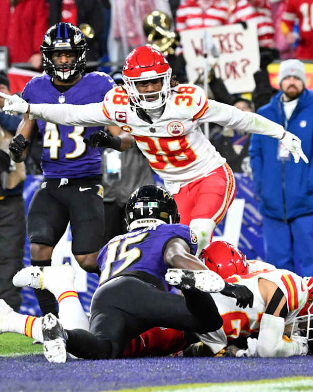 Kansas City Chiefs cornerback L'Jarius Sneed (38) celebrates as cornerback Trent McDuffie (22) recovers a fumble against Baltimore Ravens wide receiver Zay Flowers (4) and wide receiver Nelson Agholor (15) for a turnover during the second half in the AFC Championship football game at M&T Bank Stadium in Baltimore on Jan. 28, 2024.