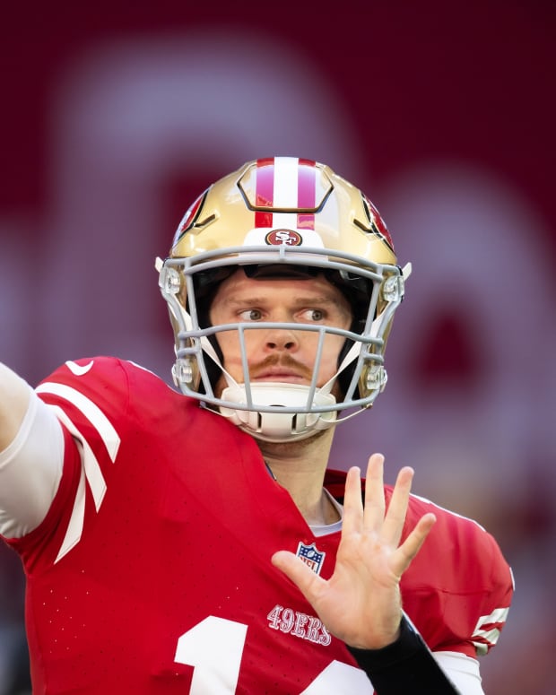 Dec 17, 2023; Glendale, Arizona, USA; San Francisco 49ers quarterback Sam Darnold (14) against the Arizona Cardinals at State Farm Stadium.