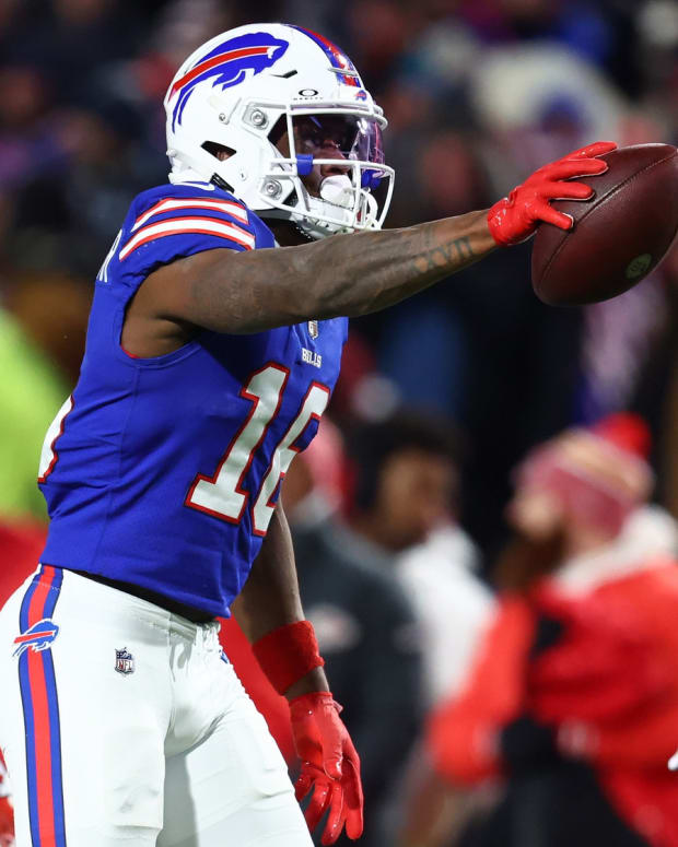 Jan 21, 2024; Orchard Park, New York, USA; Buffalo Bills wide receiver Trent Sherfield (16) reacts after a catch against the Kansas City Chiefs during the second half for the 2024 AFC divisional round game at Highmark Stadium.