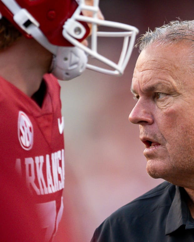 Razorbacks coach Sam Pittman on sidelines against BYU on Saturday night