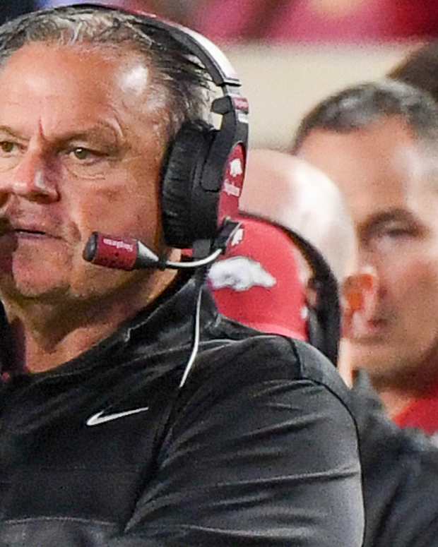 Razorbacks coach Sam Pittman on sidelines at Ole Miss last Saturday night