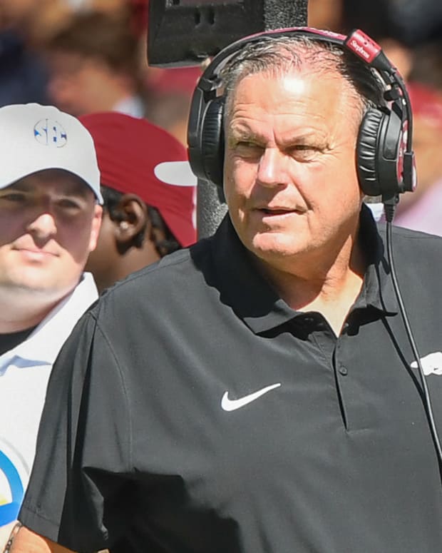 Razorbacks coach Sam Pittman on the sidelines during game with Alabama