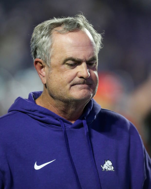 Oct 21, 2023; Manhattan, Kansas, USA; TCU Horned Frogs head coach Sonny Dykes walks off the field following a loss to the Kansas State Wildcats at Bill Snyder Family Football Stadium. 