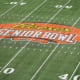 Jan 27, 2018; Mobile, AL, USA; General view of the Reese's center field logo during the 2018 Senior Bowl at Ladd-Peebles Stadium.