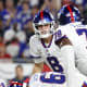 Nov 22, 2021; Tampa, Florida, USA; New York Giants quarterback Daniel Jones (8) calls aa play as offensive tackle Andrew Thomas (78) looks on against the Tampa Bay Buccaneers during the second quarter at Raymond James Stadium.