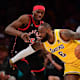 Los Angeles Lakers forward LeBron James (6) moves to the basket against Toronto Raptors forward Precious Achiuwa (5) during the first half at Crypto.com Arena