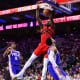 Toronto Raptors forward Precious Achiuwa (5) dunks the ball in the first quarter against the Philadelphia 76ers at Wells Fargo Center.