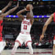 Toronto Raptors forward Precious Achiuwa (5) defends Chicago Bulls forward DeMar DeRozan (11) during the first quarter at United Center