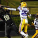 Oct 3, 2020; Nashville, Tennessee, USA; LSU Tigers cornerback Cordale Flott (25) tips a pass causing Vanderbilt Commodores wide receiver Chris Pierce (19) to drop it in the end zone during the second half at Vanderbilt Stadium.