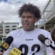 Connor Heyward speaks with media after practice.