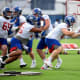 New York Giants center Evan Brown, second from right, and the offensive line practice during Giants OTAs on Tuesday, June 11, 2019, in East Rutherford.