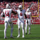 Arizona Cardinals wide receiver Michael Wilson (14) is congratulated by quarterback Joshua Dobbs (9) after catching a touchdown pass against the San Francisco 49ers in the second quarter at Levi's Stadium.