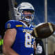 SDSU's tight end Zach Heins (87) throws the ball after a touchdown on Friday, Dec. 15, 2023 at Dana J. Dykhouse in Brookings.
