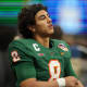 Dec 16, 2023; Atlanta, GA, USA; Florida A&M Rattlers quarterback Jeremy Moussa (8) reacts on the sideline after an interception against the Howard Bison in the first half at Mercedes-Benz Stadium.