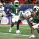 Dec 16, 2023; Atlanta, GA, USA; Howard Bison wide receiver Kasey Hawthorne (3) scores a touchdown past Florida A&M Rattlers defensive back Kendall Bohler (3) in the first half at Mercedes-Benz Stadium.