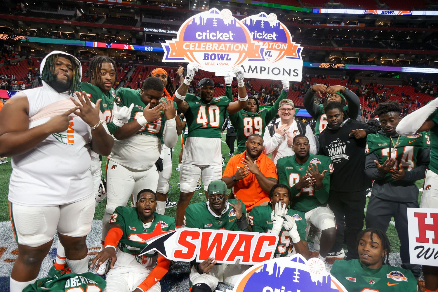 Dec 16, 2023; Atlanta, GA, USA; Florida A&M Rattlers players celebrate after a victory against the Howard Bison in the Celebration Bowl at Mercedes-Benz Stadium.