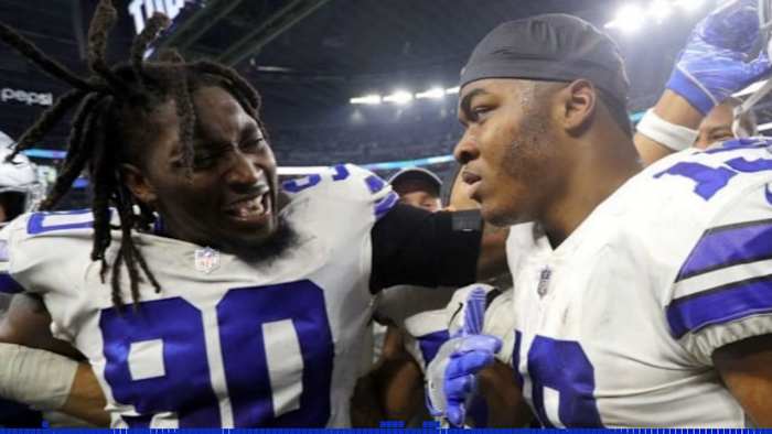 Fish with Tank Lawrence after the win over the Giants