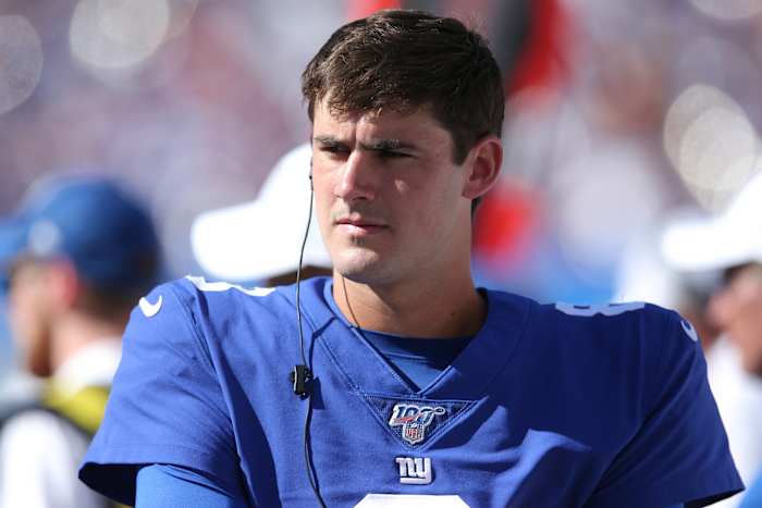 Sep 15, 2019; East Rutherford, NJ, USA; New York Giants quarterback Daniel Jones (8) reacts on the sidelines during the third quarter against the Buffalo Bills at MetLife Stadium.