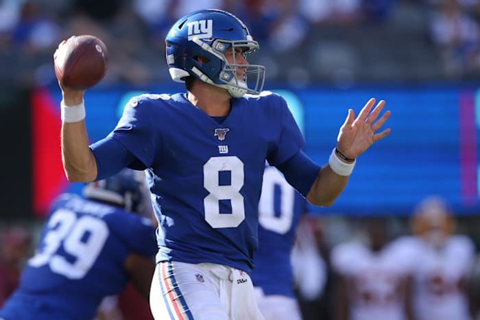 Sep 29, 2019; East Rutherford, NJ, USA; New York Giants quarterback Daniel Jones (8) drops back to pass against the Washington Redskins during the fourth quarter at MetLife Stadium.