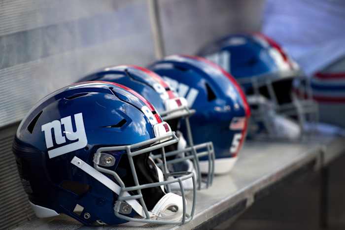Sep 22, 2019; Tampa, FL, USA; General view of New York Giants helmets on the bench prior to the game against the Tampa Bay Buccaneers at Raymond James Stadium. Mandatory Credit: Douglas DeFelice-USA TODAY Sports