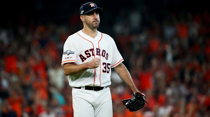 Oct 4, 2019; Houston, TX, USA; Houston Astros starting pitcher Justin Verlander (35) reacts after an Astros double play against the Tampa Bay Rays during the sixth inning of game one of the 2019 ALDS playoff baseball series at Minute Maid Park. Mandatory Credit: Troy Taormina-USA TODAY Sports