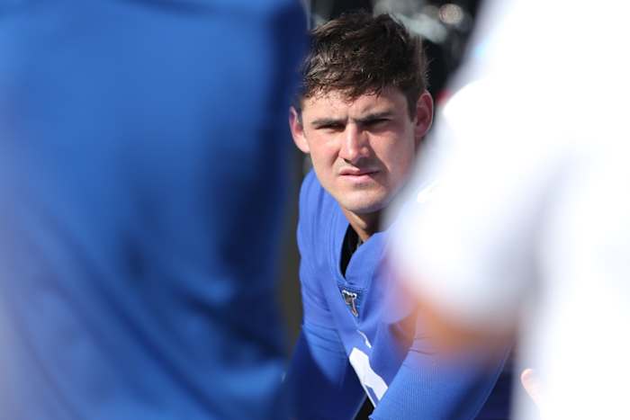 Sep 29, 2019; East Rutherford, NJ, USA; New York Giants quarterback Daniel Jones (8) on the sideline during the fourth quarter against the Washington Redskins at MetLife Stadium.