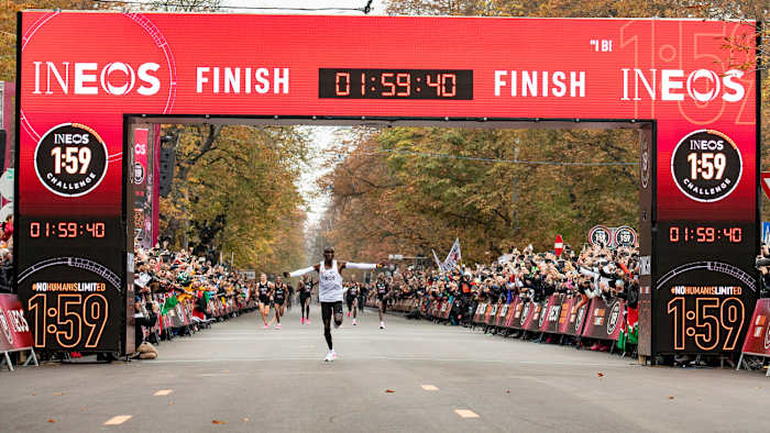 eliud kipchoge crosses the finish line of the ineos 159 challenge in 1 hour 59 minutes and 40 seconds for the fastest marathon ever