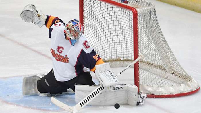 Petr Cech makes a save during his hockey debut