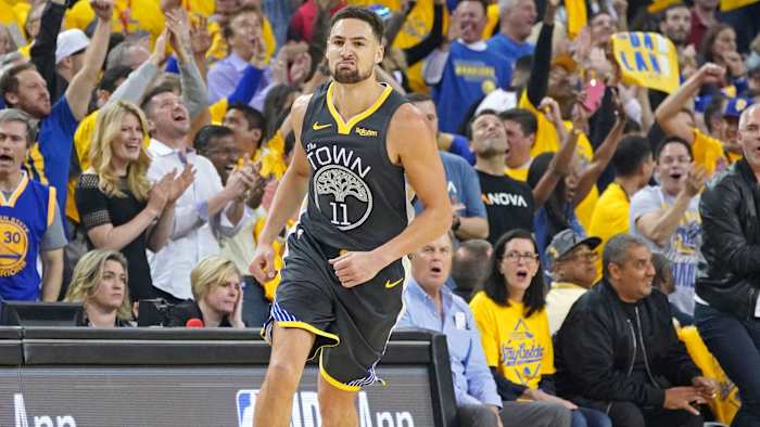 Klay Thompson reacts to a shot during the the first quarter against the Toronto Raptors in game six of the 2019 NBA Finals
