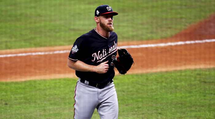 Oct 23, 2019; Houston, TX, USA; Washington Nationals starting pitcher Stephen Strasburg (37) runs to the dugout after pitching in the fourth inning of game two of the 2019 World Series against the Houston Astros at Minute Maid Park. Mandatory Credit: Thomas B. Shea-USA TODAY Sports